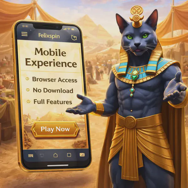 Felix welcomes players to Felixspin's mobile experience for browser access without downloads.