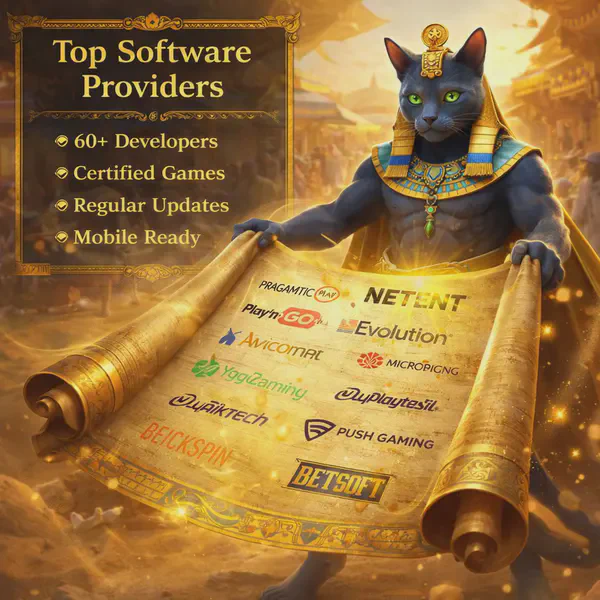 Felix unveils top software providers at Felixspin with a radiant scroll, highlighting certified games.