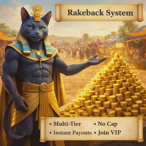 Felix presenting golden coins at Felixspin Casino rakeback hub, where loyalty rewards shimmer brightly.