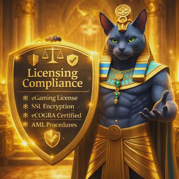 Felix showcasing compliance shield in golden Slottica live casino throne room.